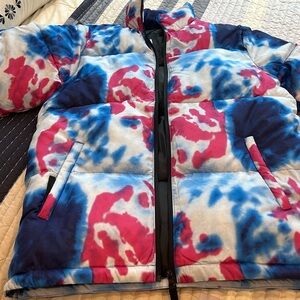Puffer jacket tie dye size small for men.